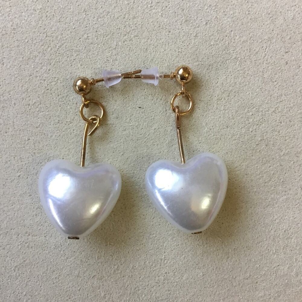 Gold Heart Shape Pearl Drop Earrings - Picture 5 of 5